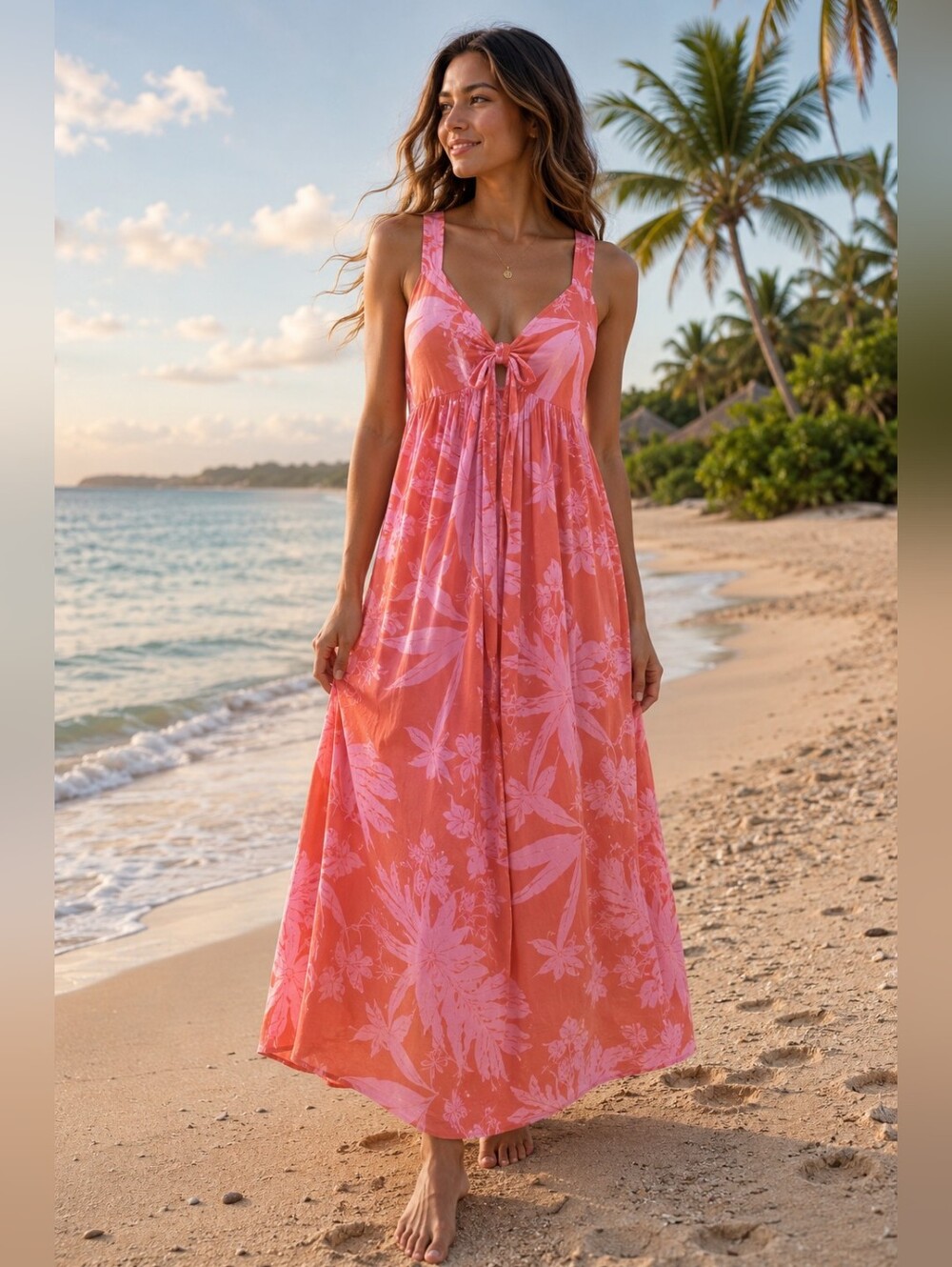GOA Beachwear by Japna Women’s Small Tropical Maxi Dress Pink Coral Viscose